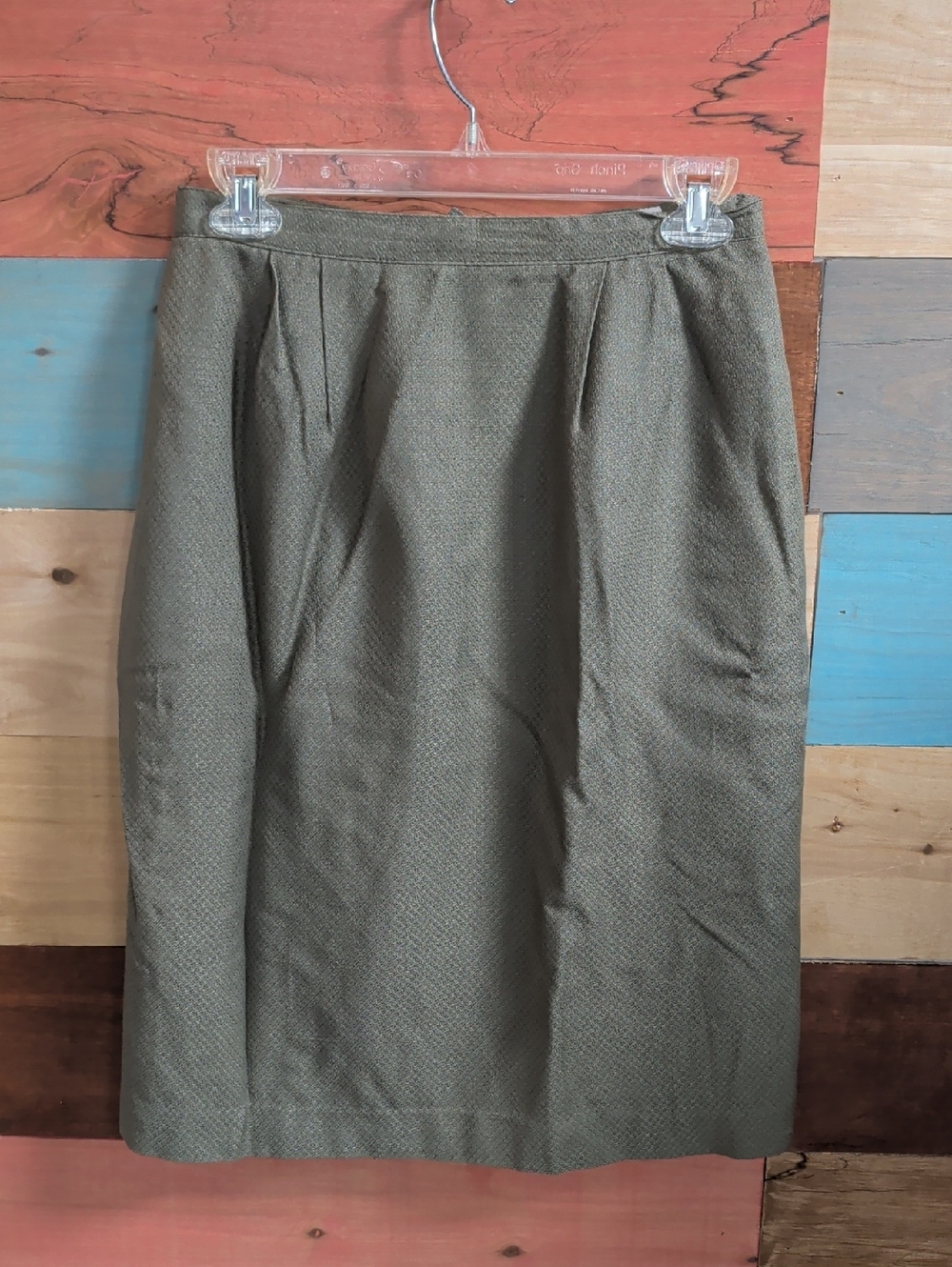 Olive Textured Pencil Skirt with Front Pleats